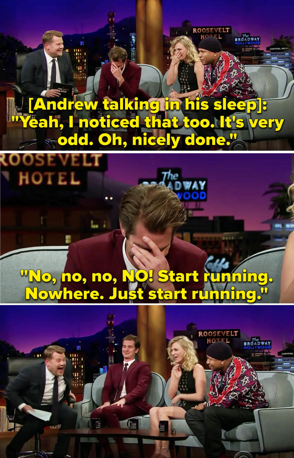 Andrew's saying, "Start running. Nowhere. Just start running" in his sleep