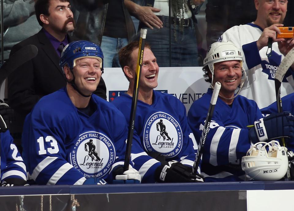 TORONTO, ON - NOVEMBER 11: (L-R) Former Maple Leafs Mats Sundin, Gary Roberts, and Darcy Tucker play in the Hockey Hall of Fame Legends Game at the Air Canada Centre on November 11, 2012 in Toronto, Canada. Sundin will be the second Swedish born player inducted into the Hall on November 12. (Photo by Bruce Bennett/Getty Images)