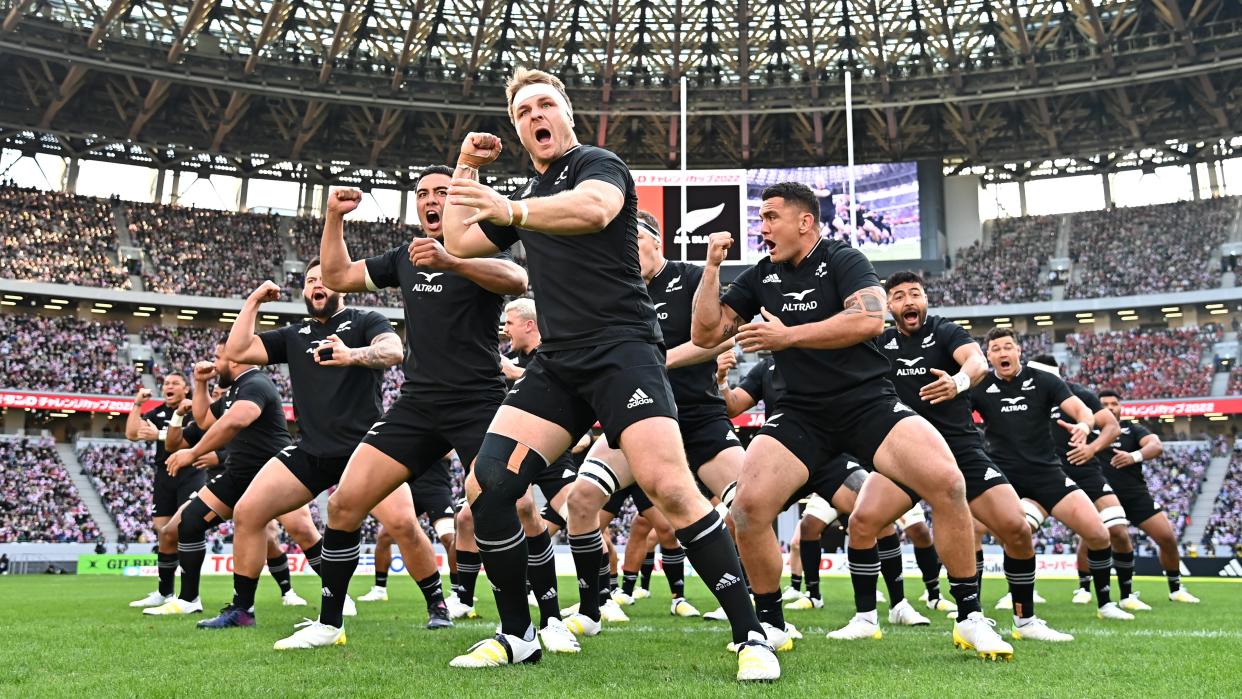  New Zealand players perform the Haka prior to their first Rugby Championship 2023 match. 