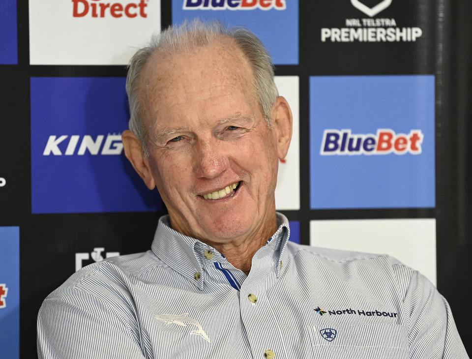 TOWNSVILLE, AUSTRALIA - APRIL 07: Dolphins coach Wayne Bennett speaks at the post match press conference at the end of the round six NRL match between North Queensland Cowboys and Dolphins at Qld Country Bank Stadium on April 07, 2023 in Townsville, Australia. (Photo by Ian Hitchcock/Getty Images)