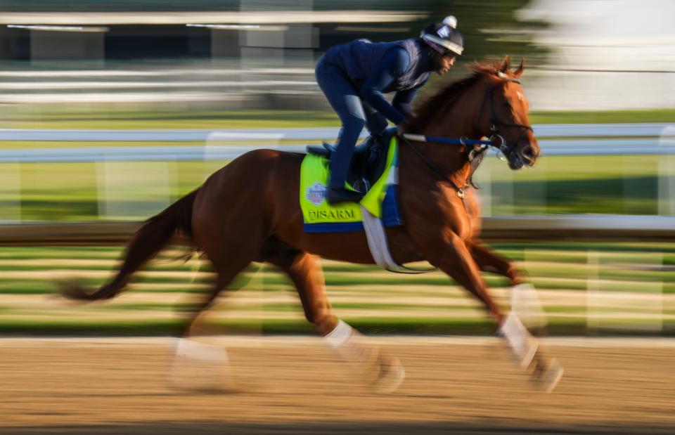 Kentucky Derby contender Disarm breezes during a Friday morning workout at Churchill Downs on Oaks Day May 5, 2023, in Louisville, Ky. The horse is trained by Steve Asmussen.