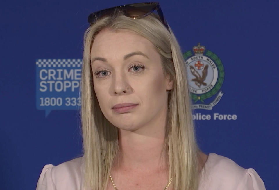 Katrina Bohnenkamp's half-sister Jaide Simpson speaks to reporters at NSW Police media conference on Tuesday.