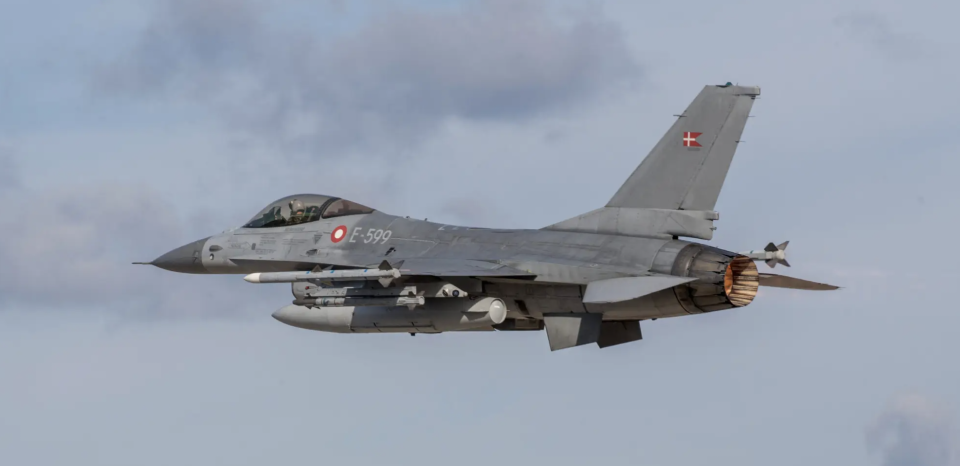 A Royal Danish Air Force F-16AM takes off from Monte Real Air Force Base in Portugal during the Real Thaw 2018 exercise. <em>Photo by Horacio Villalobos — Corbis/Corbis via Getty Images</em>