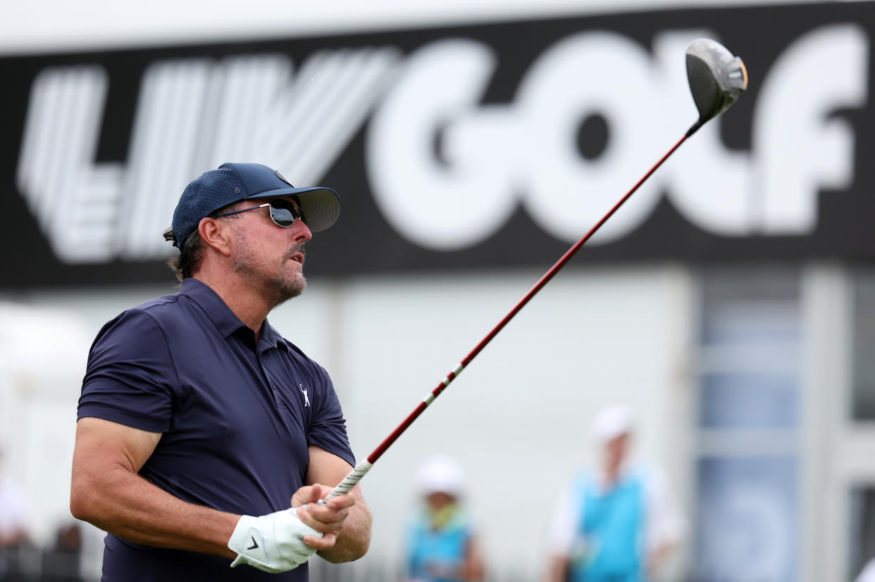 BEDMINSTER, NEW JERSEY - JULY 29: Team Captain Phil Mickelson of Hy Flyers GC watches a shot on the practice range during day one of the LIV Golf Invitational - Bedminster at Trump National Golf Club Bedminster on July 29, 2022 in Bedminster, New Jersey. (Photo by Jonathan Ferrey/LIV Golf via Getty Images)