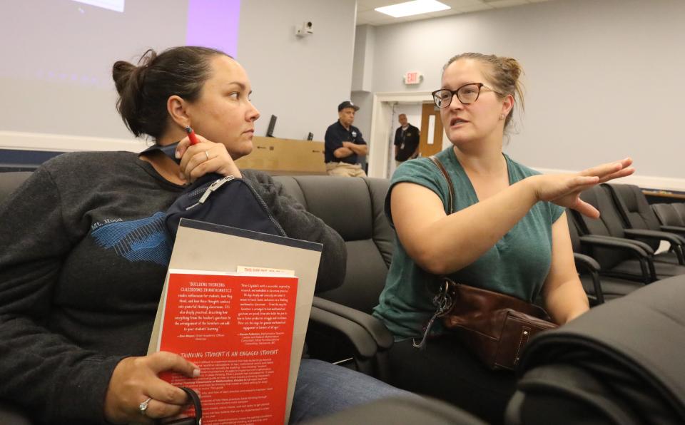 Suffern School district parents Skye Pisco of Suffern, left, and Melissa Rokosa of Sloatsburg talk after a school board meeting at district headquarters in Hillburn Aug. 22, 2023.