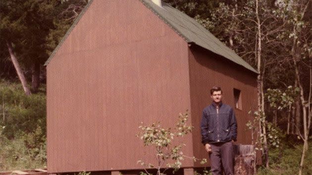 Kaczynski in front of his Montana cabin in 1972. Photo: David Kaczynsk/ Duke University