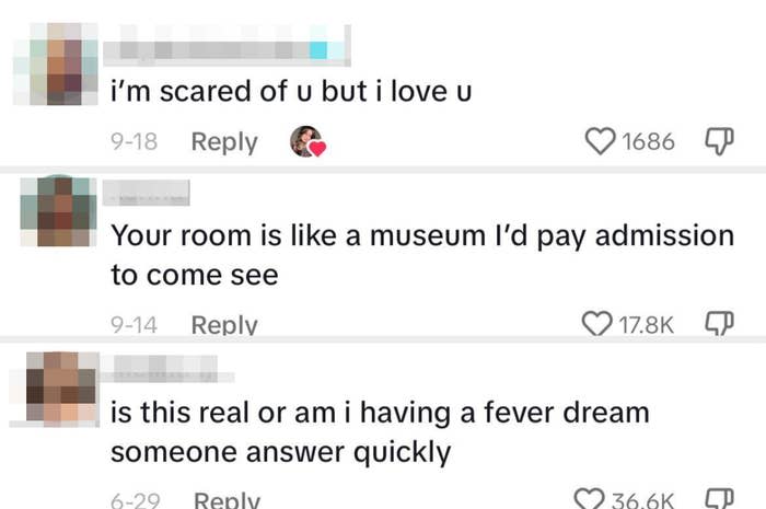 Comments from Myra's TikTok include: "I'm scared of you but I love you," "Your room is like a museum I'd pay admission to come see," and "Is this real or am I having a fever dream? Someone answer quickly"