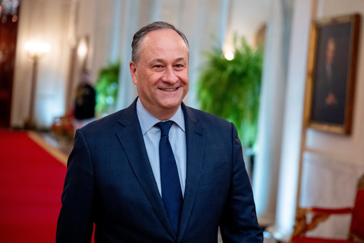 Second gentleman Doug Emhoff arrives for a ceremony to celebrate the WNBA Champion Las Vegas Aces in the East Room of the White House on May 9, 2024 in Washington, DC.