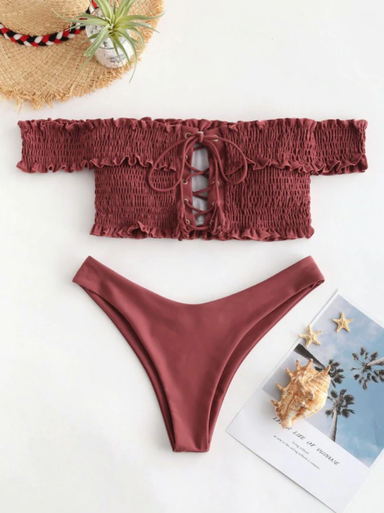 Shirred Lace-up Bardot Bikini Set in mahogany.