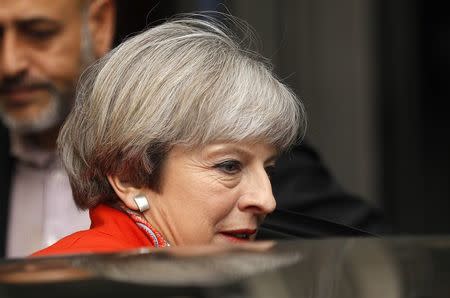 Britain's Prime Minister Theresa May leaves the BBC, in London, April 30, 2017. REUTERS/Peter Nicholls