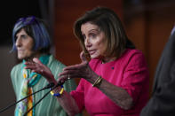 Speaker of the House Nancy Pelosi, D-Calif., joined at left by Rep. Rosa DeLauro, D-Conn., the House Appropriations Committee chair, talks to reporters as House Democrats unveil a $28 million emergency spending bill to address the shortage of infant formula in the United States, at the Capitol in Washington, Tuesday, May 17, 2022. DeLauro says the bill would help the Food and Drug Administration take important steps to restore the formula supply in a safe and secure manner. (AP Photo/J. Scott Applewhite)