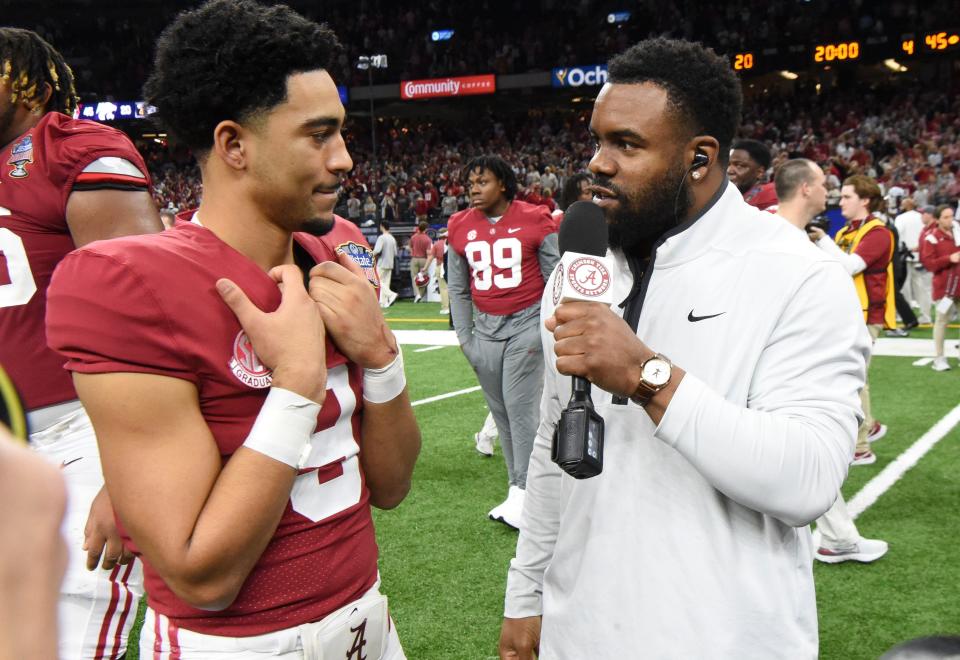 Former Alabama and NFL star Mark Ingram, right, interviews Alabama quarterback Bryce Young after the Sugar Bowl on Dec 31, 2022.