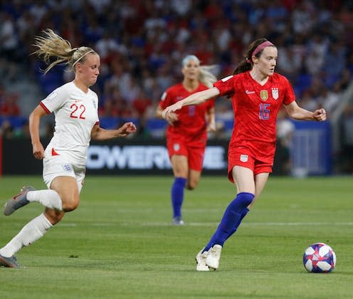 <span class="caption">Rose Lavelle of USA and Beth Mead of England during the FIFA Women's World Cup France 2019.</span> <span class="attribution"><a class="link " href="https://www.shutterstock.com/image-photo/rose-lavelle-usa-beth-mead-england-1441955117" rel="nofollow noopener" target="_blank" data-ylk="slk:Romain Biard/Shutterstock;elm:context_link;itc:0;sec:content-canvas">Romain Biard/Shutterstock</a></span>