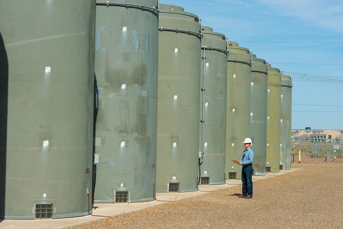 Energy Northwest has 54 concrete and steel storage cylinders stored near Richland, Wash., to hold spent fuel from the Columbia Generating Station.