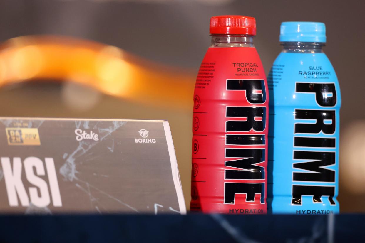 Prime hydration bottles are seen prior to a press conference ahead of the fight between KSI and Joe Fournier at Glaziers Hall on April 05, 2023, in London, England.