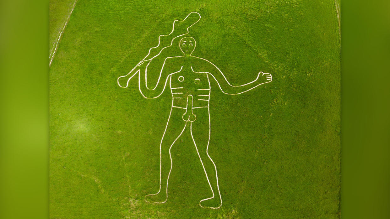  An aerial view of the Cerne Abbas Giant, on August 22, 2023 in Cerne Abbas, England. The Cerne Abbas Giant hill figure is situated near the village of Cerne Abbas in Dorset, it stands 55 metres high, depicting a standing nude male with a prominent erection and wielding a large club and is listed as a scheduled monument of England. 