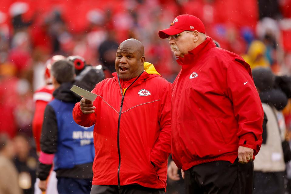 Eric Bieniemy (left) heads to the Washington Commanders as offensive coordinator.