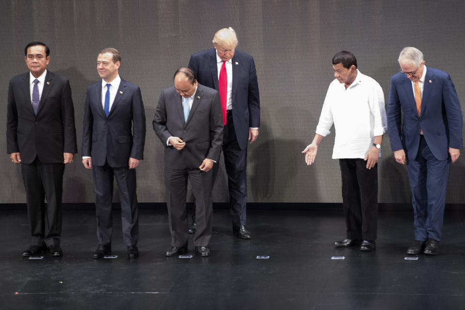 1. Philippines president <a href="https://www.huffingtonpost.com/topic/rodrigo-duterte">Rodrigo Duterte</a> motions for Trump to step forward.