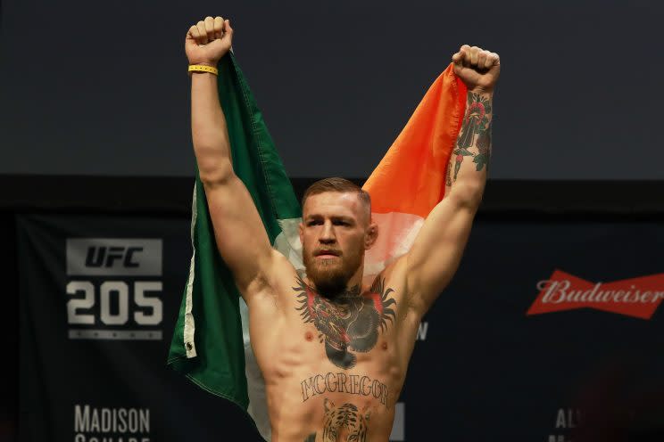 UFC lightweight champion Conor McGregor will box Floyd Mayweather on Aug. 26 in Las Vegas. (Getty Images)