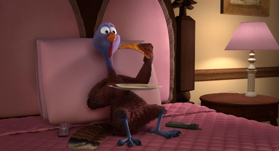 This image released by Relativity Media shows Reggie, voiced by Owen Wilson in a scene from the animated film "Free Birds." (AP Photo/Relativity Media)