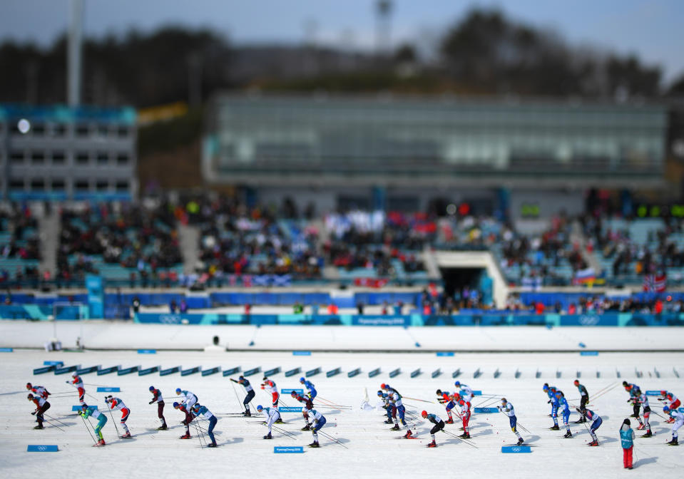 <p>Competitors start during the Men’s 50km Mass Start Classic on day 15 of the PyeongChang 2018 Winter Olympic Games at Alpensia Cross-Country Centre on February 24, 2018 in Pyeongchang-gun, South Korea. (Photo by Matthias Hangst/Getty Images) </p>