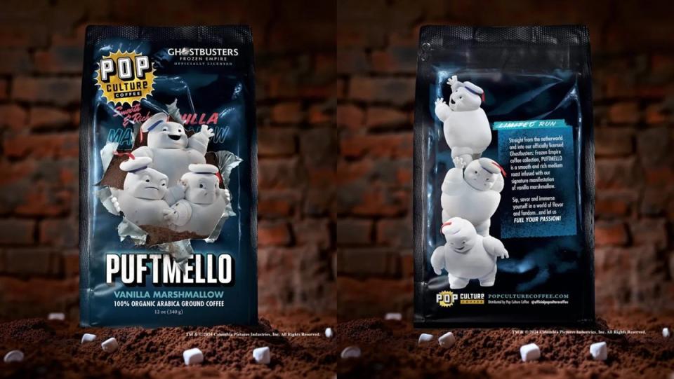 The mini Stay-Puft ghosts adorn the packaging for Ghostbuster Puftmellow brand coffee. 