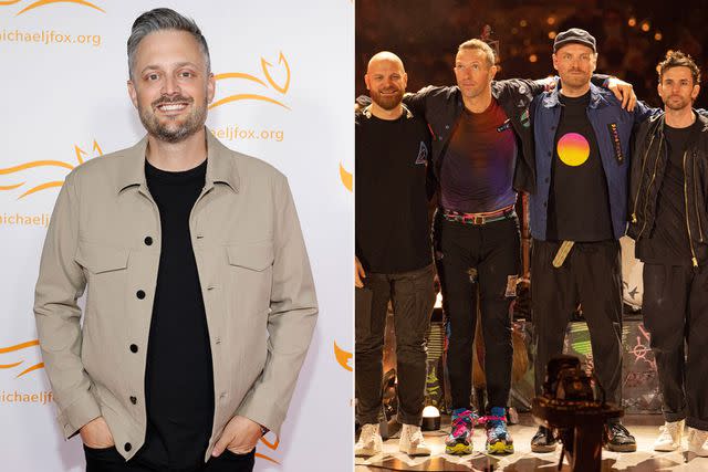 <p>Jason Kempin/Getty; Shlomi Pinto/Getty</p> Nate Bargatze (left); Coldplay