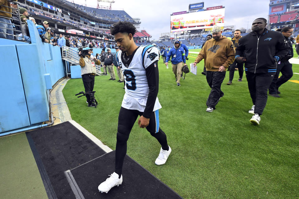 Carolina Panthers quarterback Bryce Young (9) leaves the field after a loss to the Tennessee Titans in an NFL football game Sunday, Nov. 26, 2023, in Nashville, Tenn. (AP Photo/John Amis)