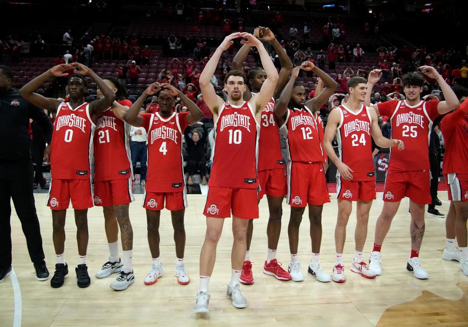 Mar 3, 2024; Columbus, OH, USA; Ohio State Buckeyes forward Jamison Battle (10) is front and center for Carmen Ohio following their NCAA Division I Mens basketball game at Value City Arena.