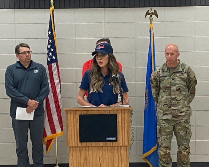 Gov. Kristi Noem gives a press conference Sunday afternoon, June 23, 2024, in North Sioux City about voluntary evecuations in Dakota Dunes as rivers in South Dakota reach peak levels and are expected to crest.