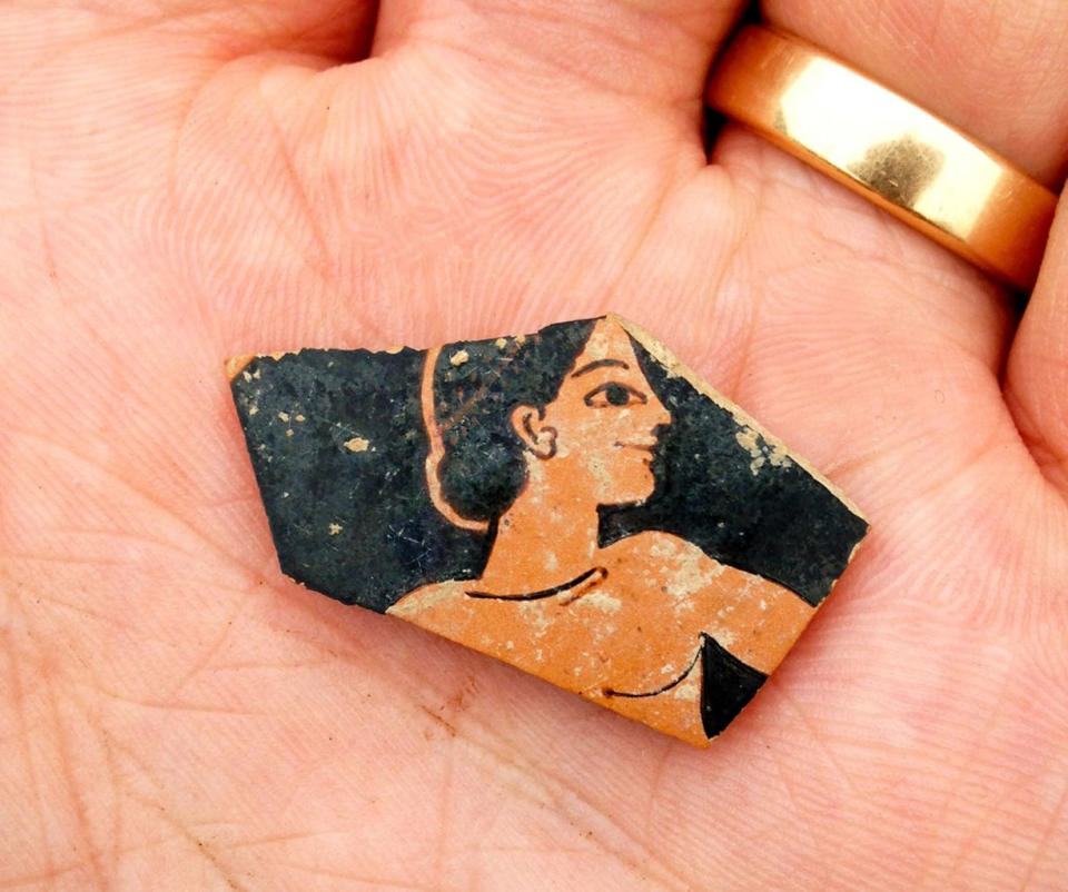 A fragment of red-and-black pottery from the late sixth century B.C. was probably painted by the ancient painter Paseas. <cite>SIA/EFAK/YPPOA</cite>