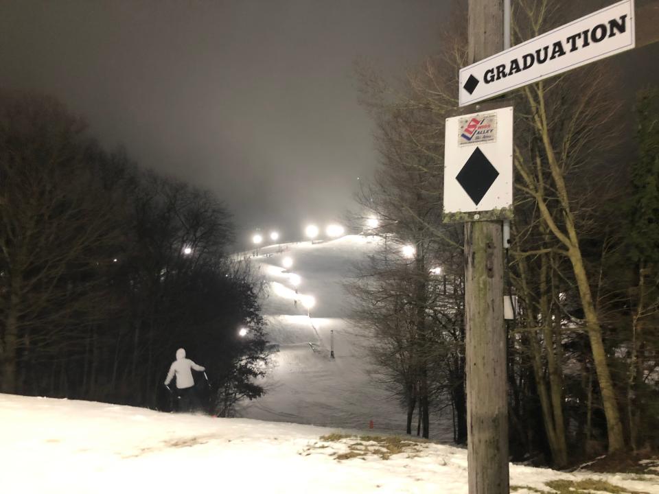 The black-diamond slope Graduation, seen here on Jan. 29, 2024, at Swiss Valley Ski & Snowboard Area in Jones, managed to be skiable for quite a while this season.