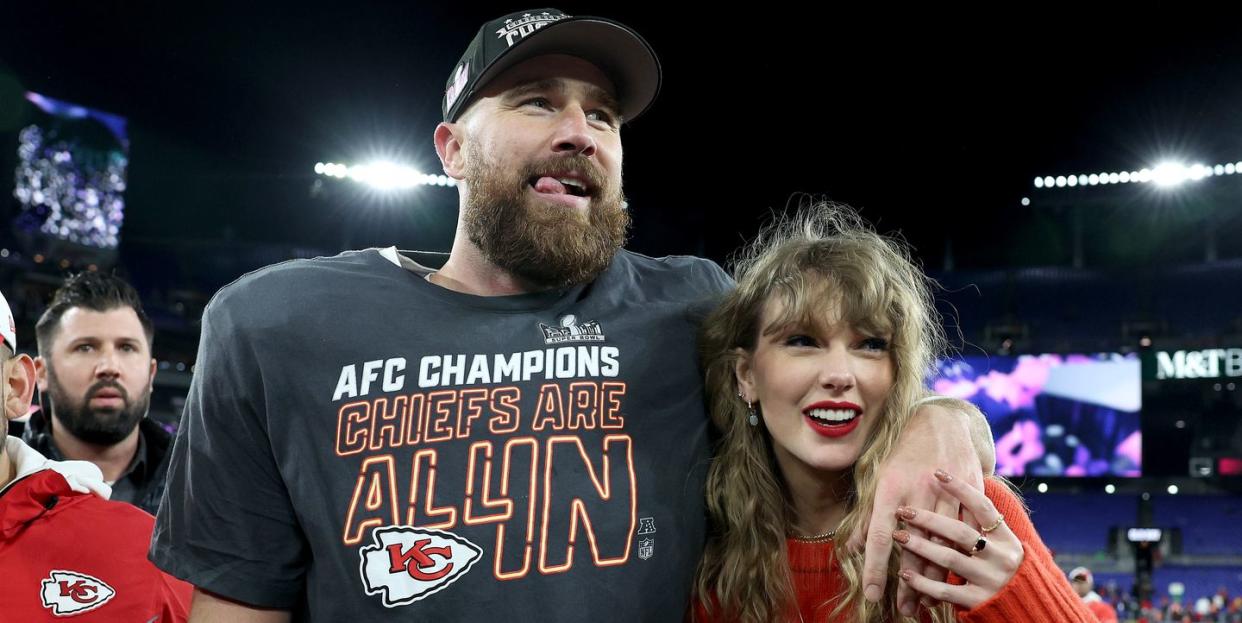 baltimore, maryland january 28 travis kelce 87 of the kansas city chiefs celebrates with taylor swift after a 17 10 victory against the baltimore ravens in the afc championship game at mt bank stadium on january 28, 2024 in baltimore, maryland photo by patrick smithgetty images