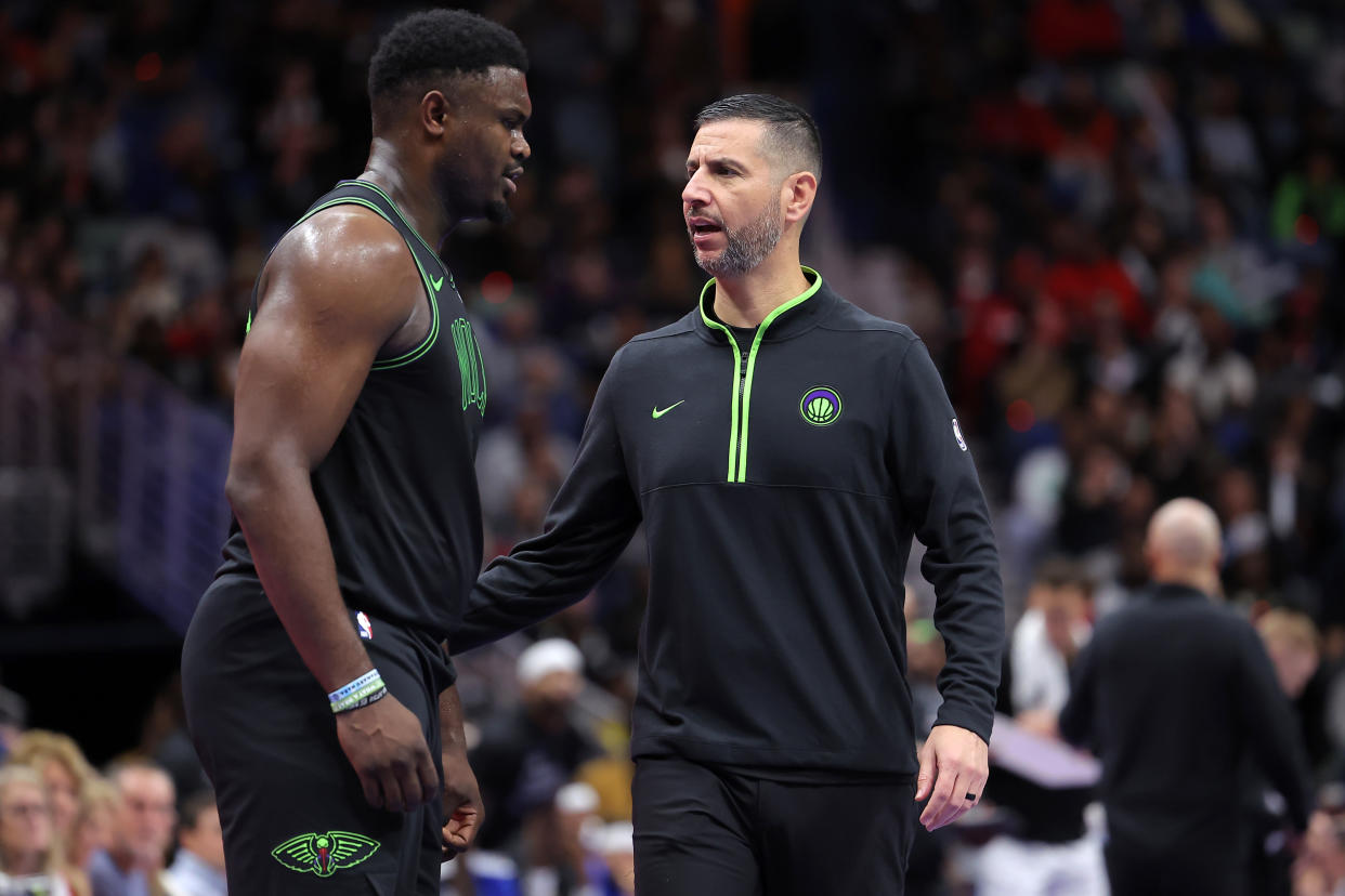 NEW ORLEANS, LOUISIANA - NOVEMBER 14: Associate head coach James Borrego and Zion Williamson #1 of the New Orleans Pelicans talk during the first half of the the NBA In-Season Tournament against the Dallas Mavericks at the Smoothie King Center on November 14, 2023 in New Orleans, Louisiana. NOTE TO USER: User expressly acknowledges and agrees that, by downloading and or using this Photograph, user is consenting to the terms and conditions of the Getty Images License Agreement. (Photo by Jonathan Bachman/Getty Images)