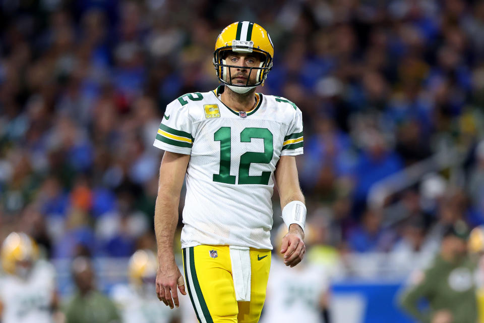 DETROIT, MICHIGAN - NOVEMBER 06: Aaron Rodgers #12 of the Green Bay Packers looks on in the first half of a game against the Detroit Lions at Ford Field on November 06, 2022 in Detroit, Michigan. (Photo by Rey Del Rio/Getty Images)