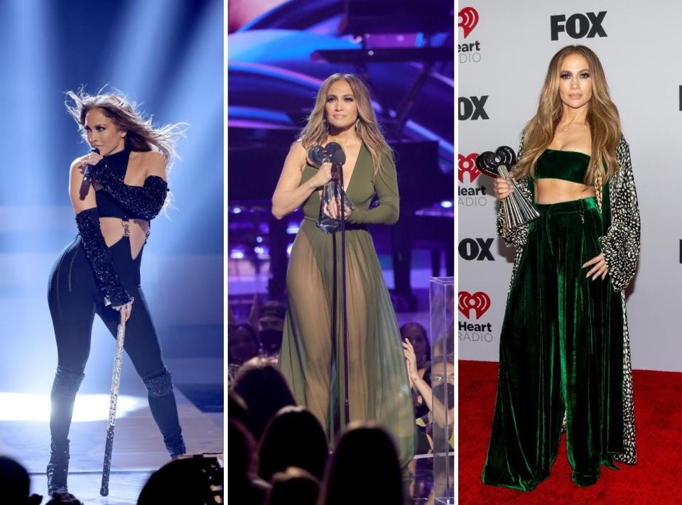 Jennifer Lopez performing and accepting the icon award at the 2022 iHeartRadio Music Awards.