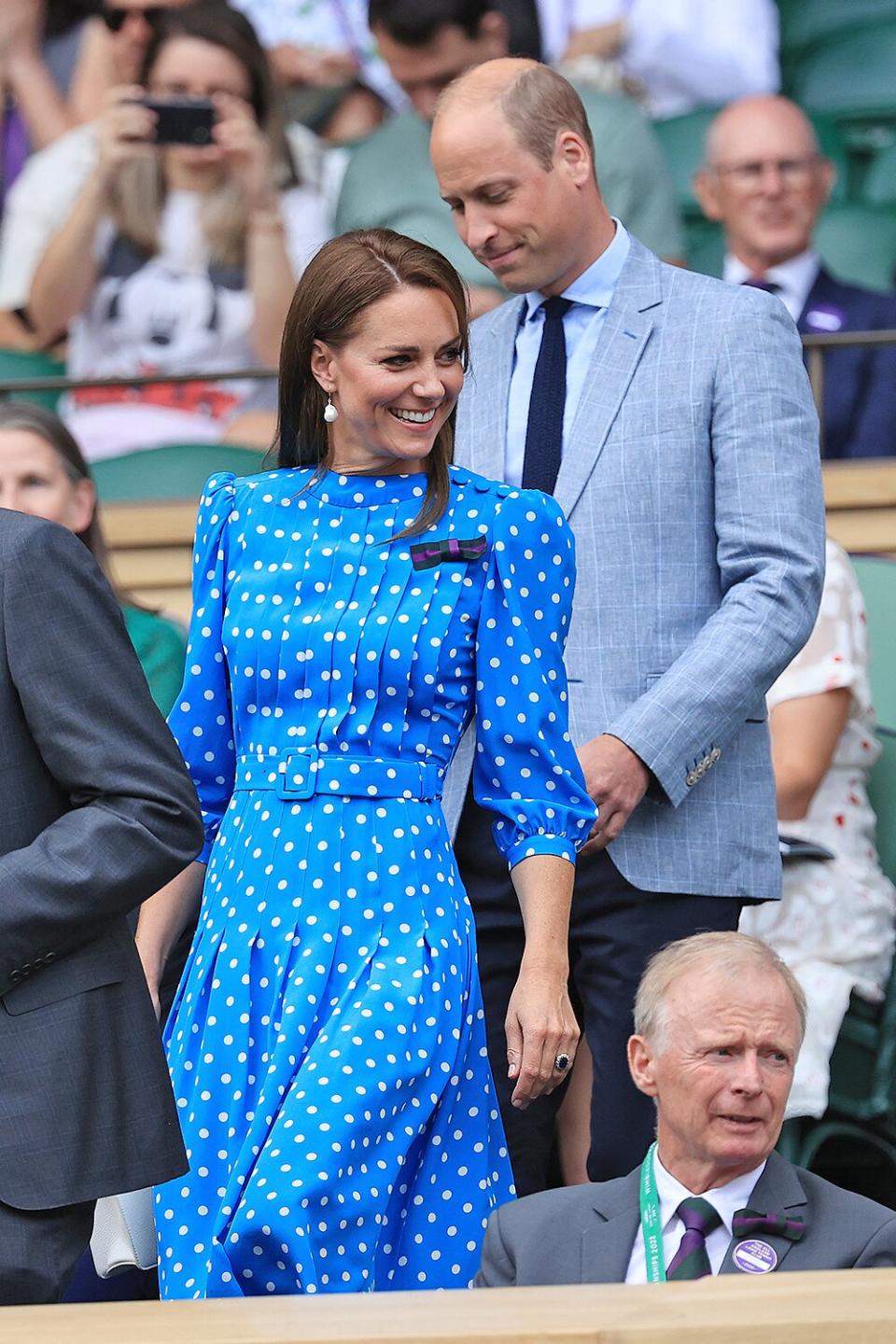 Prince William, Duke of Cambridge and Catherine, Duchess of Cambridge arrive in the Royal Box on Centre Court during day nine of The Championships Wimbledon 2022 at All England Lawn Tennis and Croquet Club on July 5, 2022 in London, England.