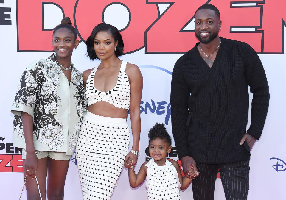 From left, Zaya Wade, Gabrielle Union, Kaavia James Union Wade and Dwyane Wade in Hollywood, Calif. on March 16, 2022.<span class="copyright">Sthanlee B. Mirador—Sipa USA</span>