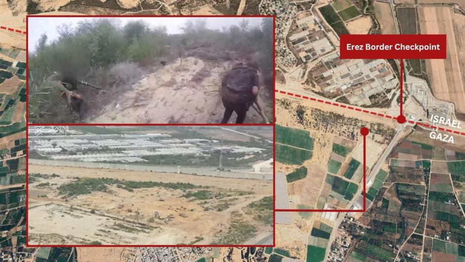 PHOTO: Hamas handout video shows militants shooting toward IDF soldiers near Erez checkpoint (Hamas Military Media Handout / Google Earth / Canva)