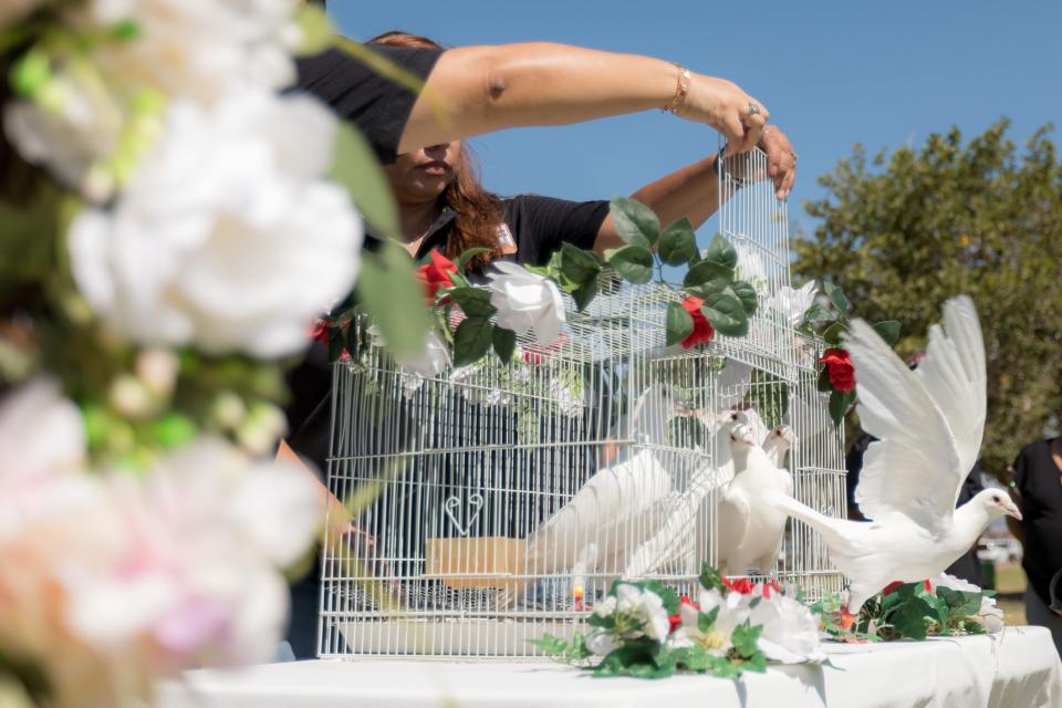 Doves are released at the Border Network for Human Rights, #ElPasoFirme Community Memorial: A Call to Action Against White Supremacy, Racism and Xenophobia service at Ponder Park in East El Paso on Aug. 3, 2022 in remembrance  of the El Paso Walmart mass shooting.