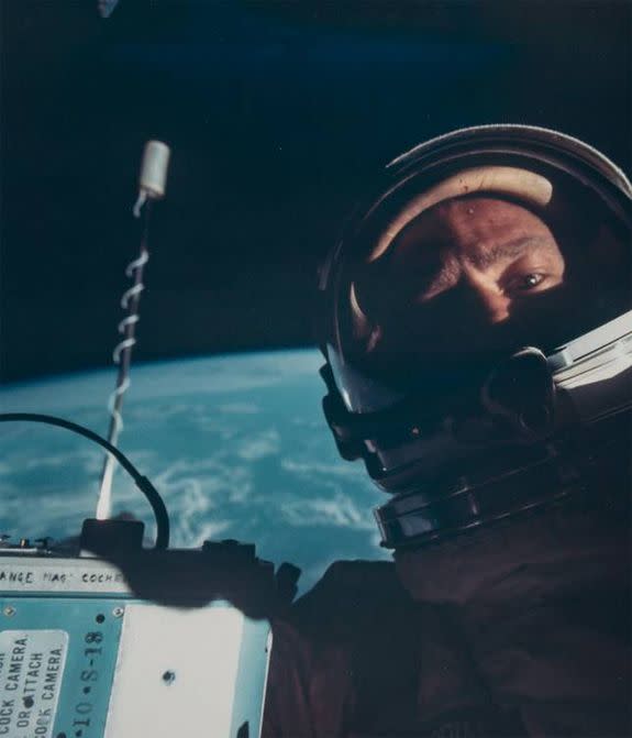 Buzz Aldrin takes the first ever space selfie
