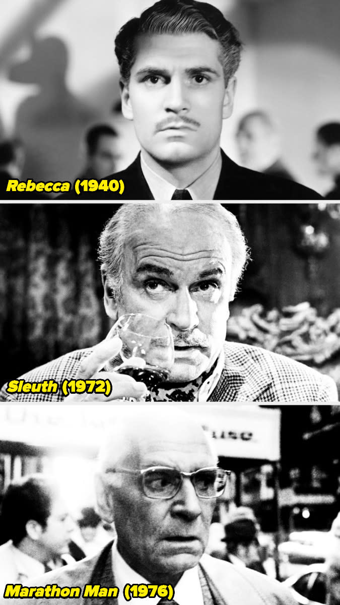 Stills of Laurence Olivier in "Rebecca," "Sleuth," and "Marathon Man."