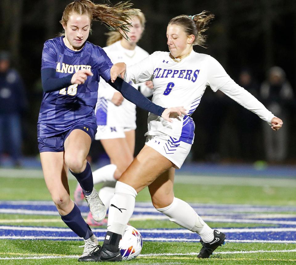 Hanover #18 Sophie Schiller and Norwell #6 Olga Spasic battle for the ball.
Norwell girls soccer win the Division 3 State Champions by defeating Hanover 1-0 in Scituate on Saturday Nov. 18, 2023