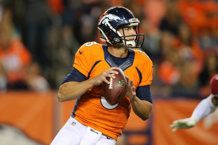 Broncos QB Trevor Siemian was knocked out of action on Sunday with a shoulder injury. (Getty Images) 