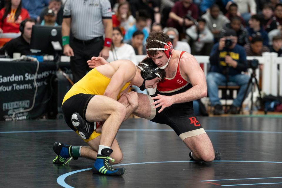 Feb 24, 2024; West Orange, NJ, USA; Region 3 Wrestling Finals at West Orange High School. (Left) Vincenzo LaValle (Hanover Park) and Pantaleo Varga (Bergen Catholic) in their 190 pound match.