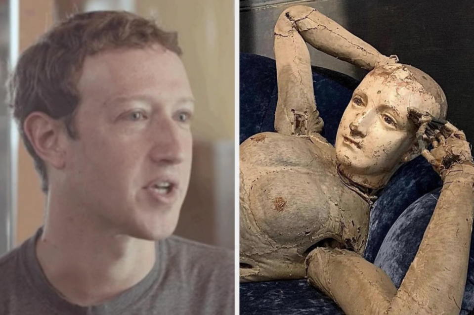 Side-by-side of Mark Zuckerberg and a mannequin that looks like him