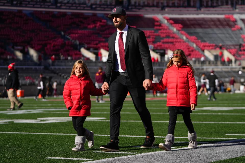 Nov 18, 2023; Columbus, Ohio, USA; Ohio State Buckeyes assistant James Laurinaitis walks into Ohio Stadium prior to the NCAA football game against the Minnesota Golden Gophers.