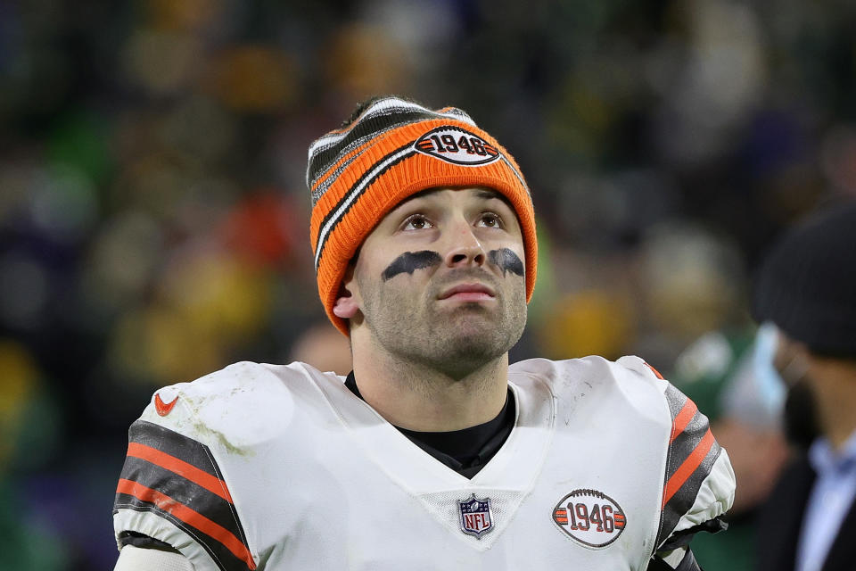 GREEN BAY, WISCONSIN - DECEMBER 25: Baker Mayfield #6 of the Cleveland Browns leaves the field following a game against the Green Bay Packers at Lambeau Field on December 25, 2021 in Green Bay, Wisconsin.  The Packers defeated the Browns 24-22. (Photo by Stacy Revere/Getty Images)