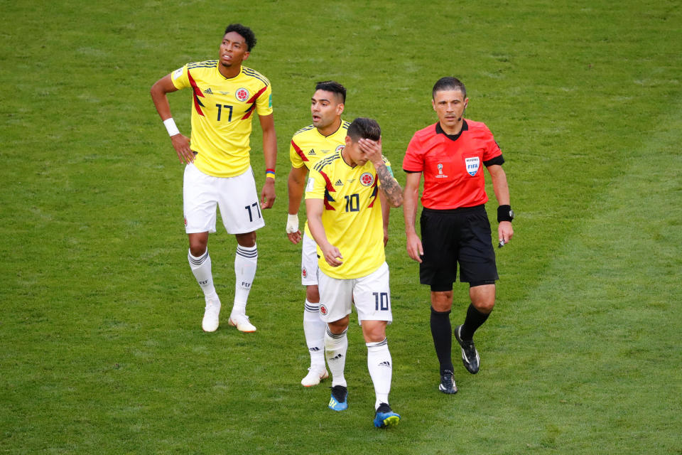 <p>Colombia were dealt a massive a blow when star player James Rodriguez was forced off in the first half </p>
