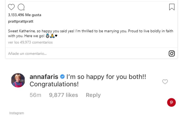 Anna Faris felicitó a su ex Chris Pratt por el anuncio de casamiento (Instagram/)